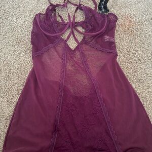 Sheer Lace Chemise Nightgown - Deep Plum